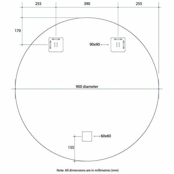 Technical Drawing: 900 Thermogroup Round Polished Edge Mirror