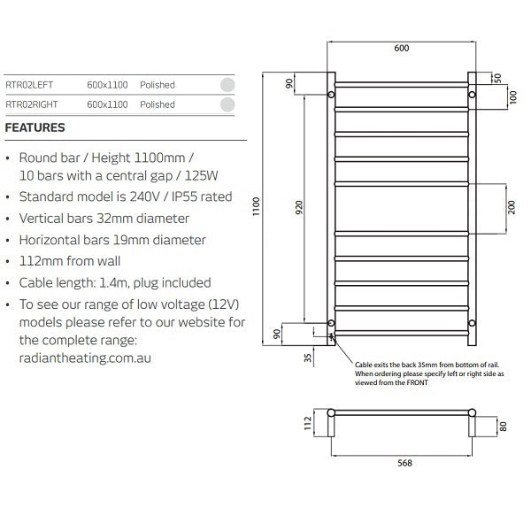 Technical Drawing: Radiant 10 Bar Round Heated Towel Ladder 600w x 1100h - Polished SS