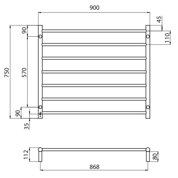 Radiant Round 7 Bar Heated Towel Ladder 900w x 750h - Polished SS