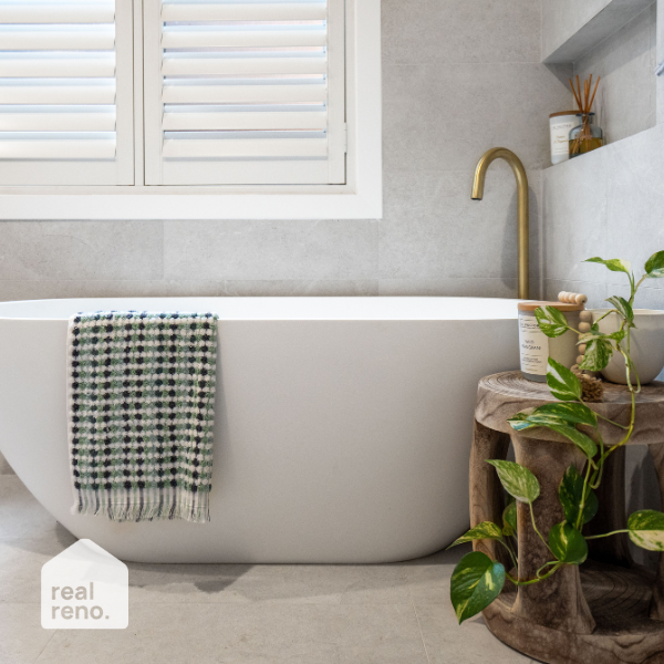 Fienza Nero 1400mm Matte White Stone Bath at The Blue Space Real Reno