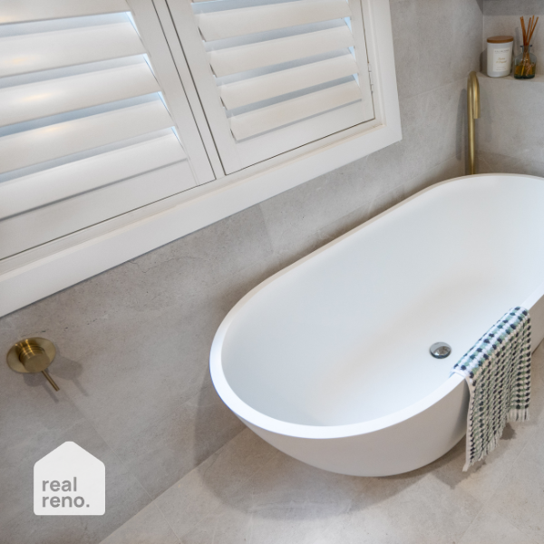 Fienza Nero 1400mm Matte White Stone Bath at The Blue Space Real Reno