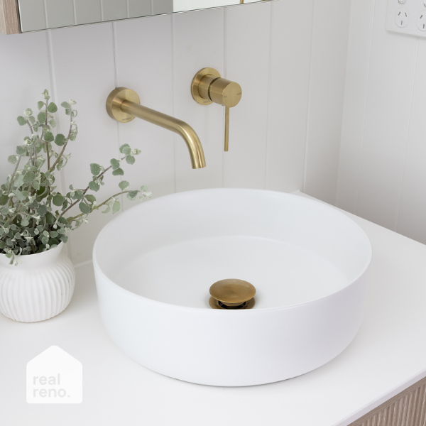 Phoenix Vivid Slimline Wall Basin Outlet 180mm Curved-Brushed Gold | Real Reno