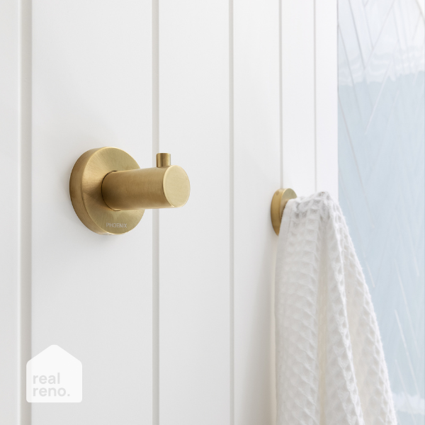 Phoenix Radii Robe Hook Round Plate Brushed Gold | Real Reno 