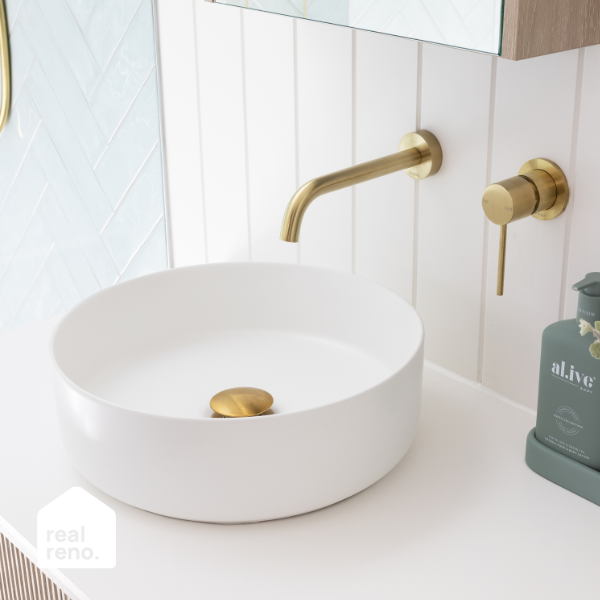 Phoenix Vivid Slimline Wall Basin Outlet 180mm Curved-Brushed Gold | Real Reno