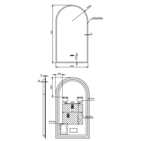 Remer Arch frameless LED smart mirror 500mm technical drawing - The Blue Space