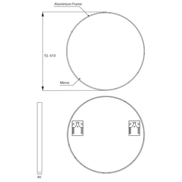 Remer Modern Round 610mm aluminium framed mirror technical drawing - The Blue Space