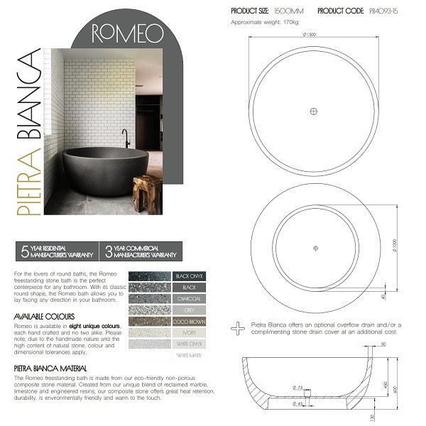 Technical Specifications: Romeo Stone Bath 1500