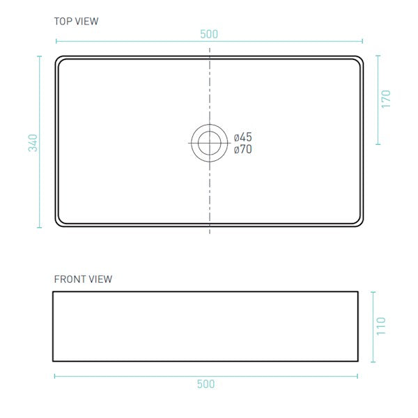 Technical Drawing: Decina San Diego Rectangle Counter Top Basin 500mm