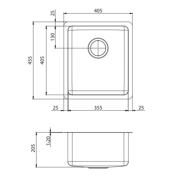 Oliveri Sonetto standard bowl universal sink NTH Technical Drawing - The Blue Space
