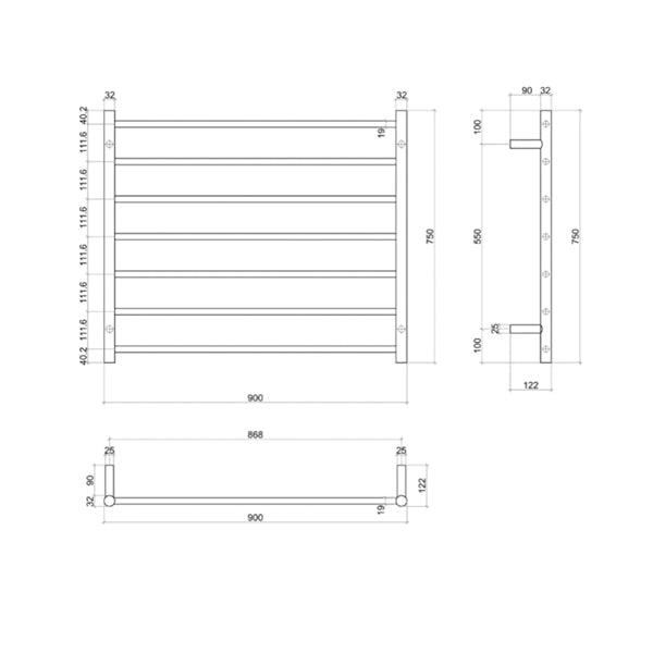Thermogroup 7 Bar Thermorail Heated Towel Ladder 900 x 750 x 122 Technical Drawing - The Blue Space