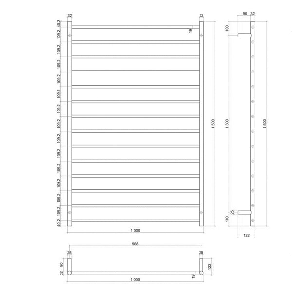 Thermogroup 14 Bar Thermorail Heated Towel Ladder 1000 x 1500 x 122 Technical Drawing - The Blue Space