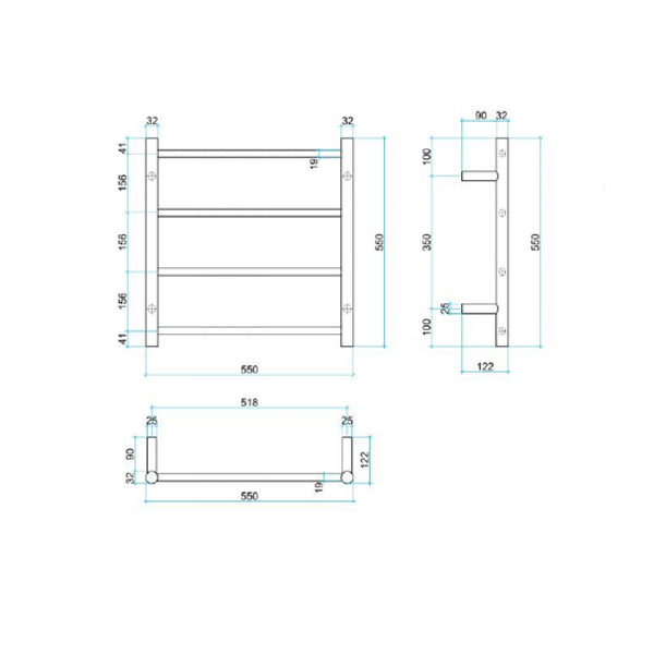 Thermogroup 4 Bar Thermorail Heated Towel Ladder 550x 550 x 122 Technical Drawing - The Blue Space