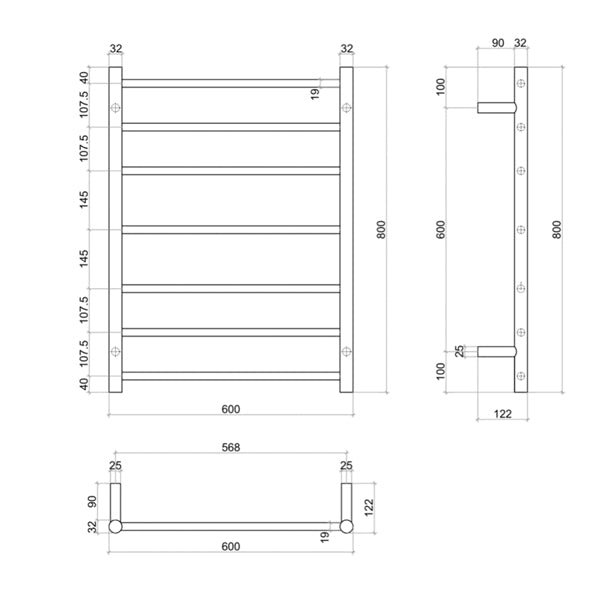 Thermogroup 7 Bar Heated Towel Rail Brushed Stainless Steel 600mm