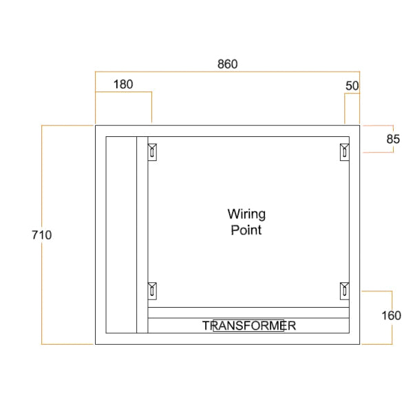 Technical Drawing - Thermogroup Ablaze Premium SS Range Back-Lit Mirror 900mm