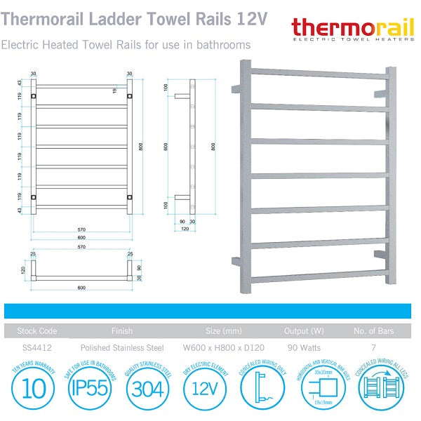 Technical Specification: Thermogroup 7 Bar Square Heated Towel Ladder 600w x 800h - Polished SS