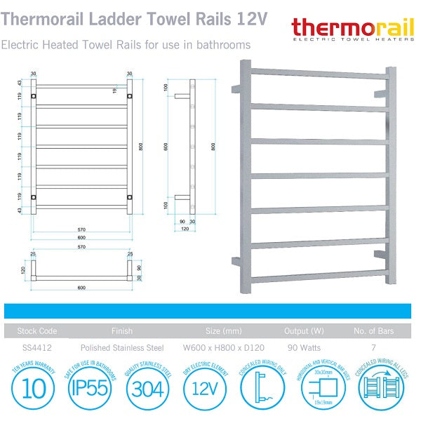 Thermogroup 7 Bar Square Heated Towel Ladder 600w x 800h - Polished SS