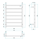 Thermogroup Straight Square Ladder Heated Towel Rail Technical Drawing - The Blue Space