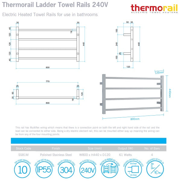Technical Specification: Thermorail 4 Bar Square Heated Towel Ladder 800w x 440h