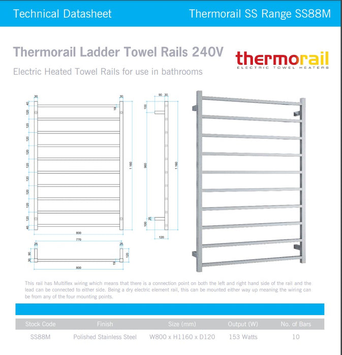 Thermogroup Wide 10 Bar Thermorail Straight Square Heated Towel Ladder 800mm