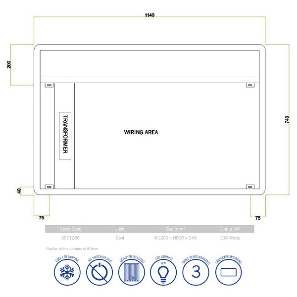 Technical Drawing: Thermogroup Premium SSC Range Back-Lit Mirror 1200mm x 800mm