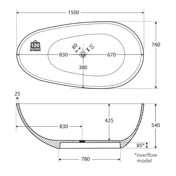 Technical Drawing - Fienza Bahama Matte White Stone Freestanding Bath 1500