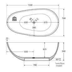 Technical Drawing - Fienza Bahama Matte White Stone Freestanding Bath 1500