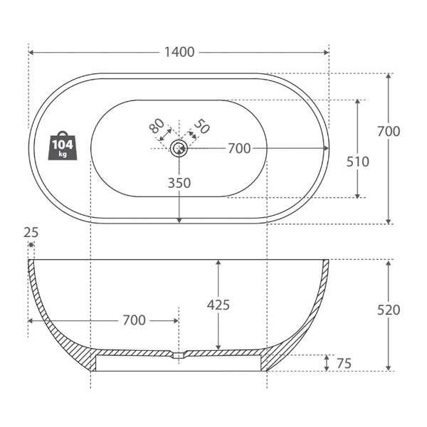 Technical Drawings - Fienza Nero 1400mm Matte White Stone Bath
