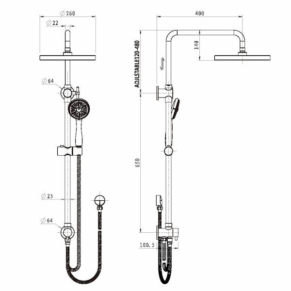 Technical Drawing: Star Twin Exposed Rail Shower System 2 Hose Chrome