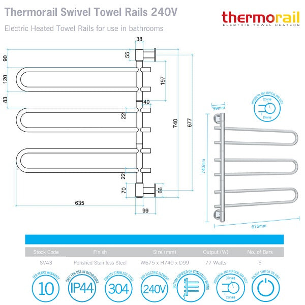 Technical Specification: Thermorail 6 Bar Round Swivel Heated Towel Ladder 675w x 740h