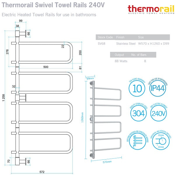 Technical Specification: Thermorail 8 Bar Round Swivel Heated Towel Ladder 570w x 1260h