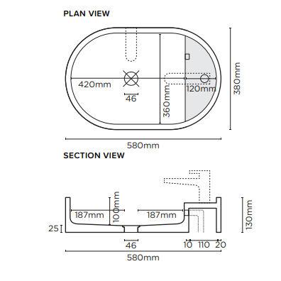 Nood Co Shelf Oval Surface Mount Basin Technical Drawing - The Blue Space