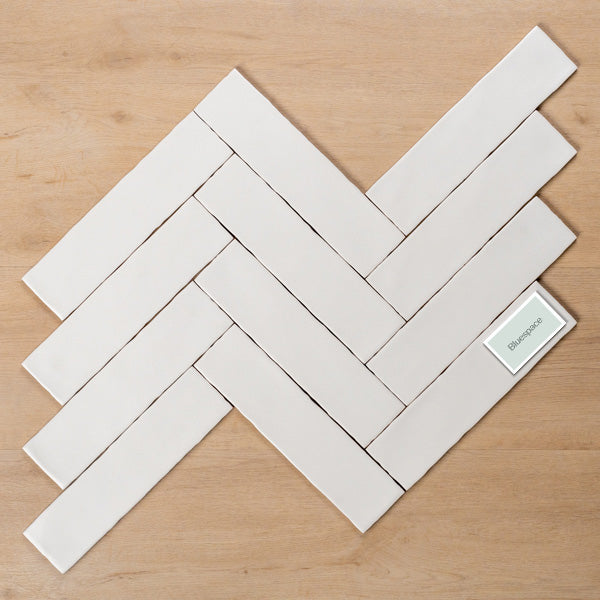 Riviera White Satin 75x300mm Herringbone Pattern - The Blue Space