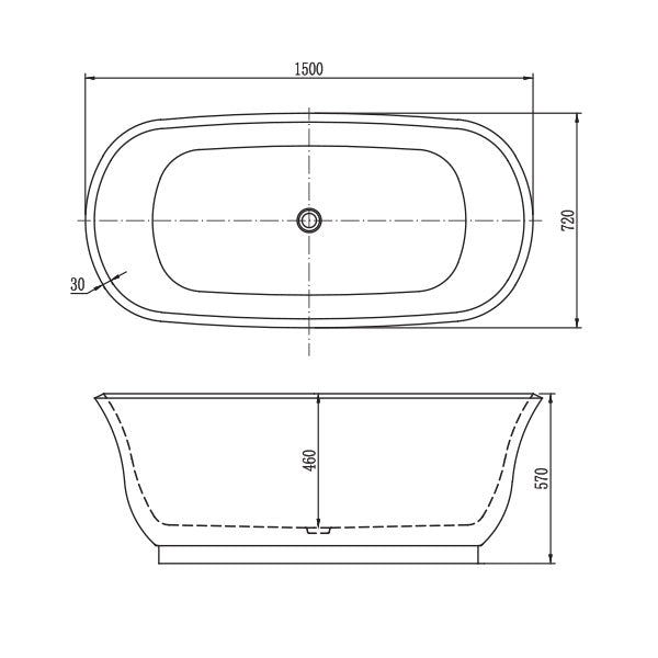 BelBagno Baden Freestanding Bath White 1500x720x560 Technical Drawing - The Blue Space