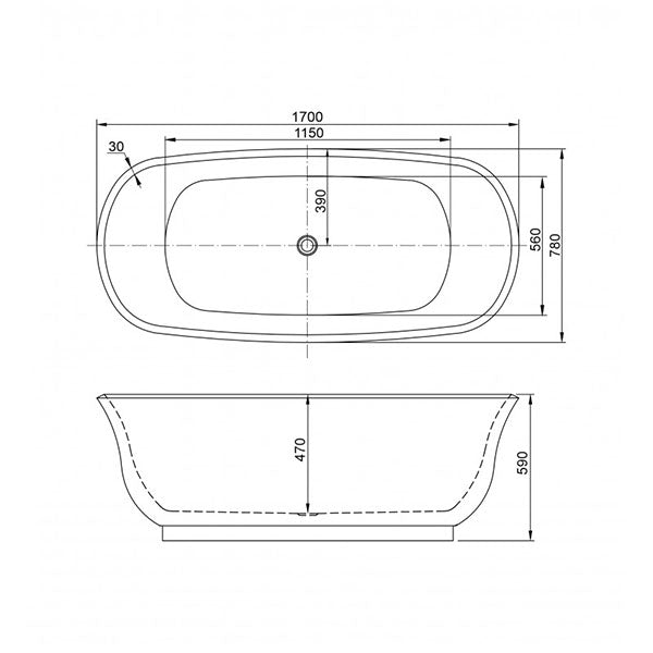 BelBagno Baden Freestanding Bath White 1700x750x600 Technical Drawing - The Blue Space