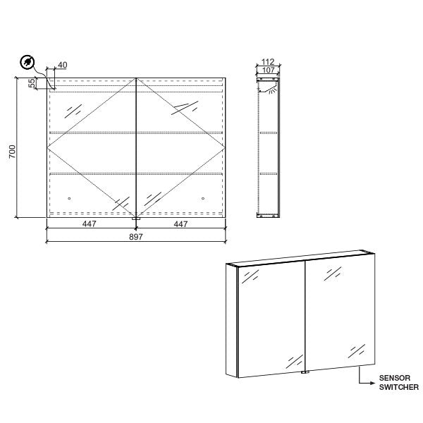 Belbagno Aluminium LED Mirror Cabinet 900mm Technical Drawing - The Blue Space