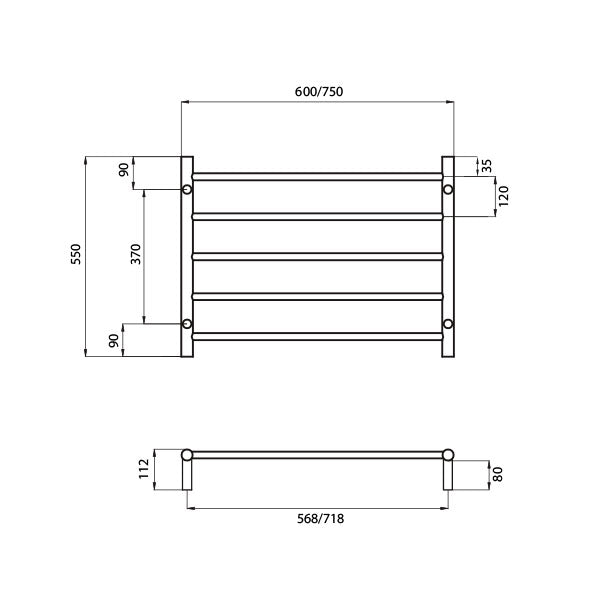 Radiant Round 5 Bar Non Heated Rail Technical Drawing - The Blue Space