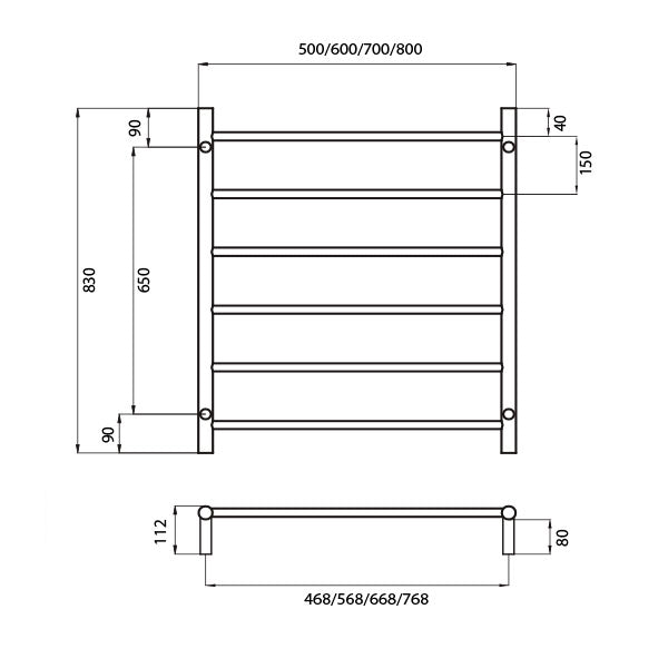Radiant Round 6 Bar Non Heated Rail 700mmx830mm Technical Drawing - The Blue Space