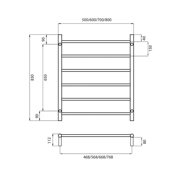 Radiant Round 6 Bar Non Heated Rail Technical Drawing - The Blue Space