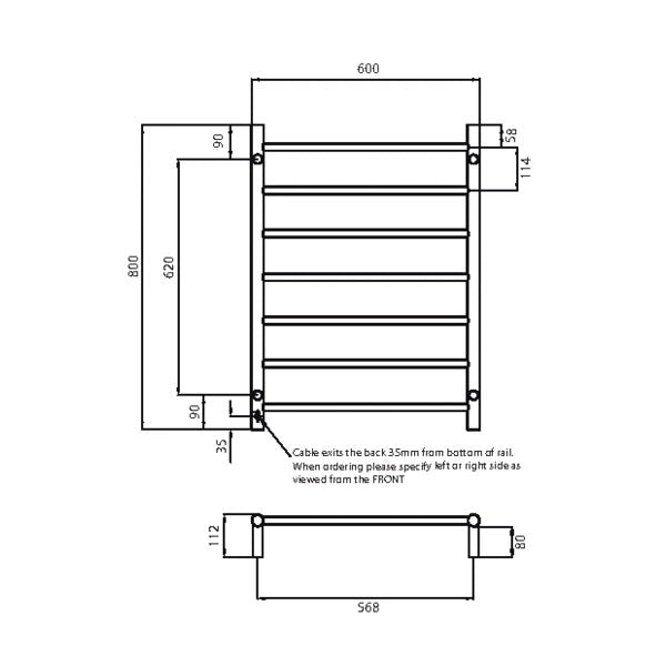 Radiant Round 7 Bar Heated Rail 600mmx800mm Technical Drawing - The Blue Space