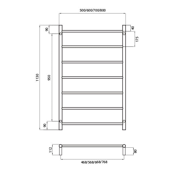 Radiant Round 7 Bar Non Heated Rail 500mmx1130mm Technical Drawing - The Blue Space