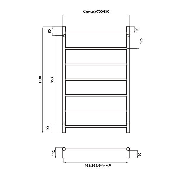 Radiant Round 7 Bar Non Heated Rail 700mmx1130mm Technical Drawing - The Blue Space