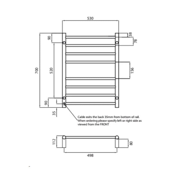 Radiant Round 8 Bar Heated Rail 530mmx700mm Technical Drawing - The Blue Space