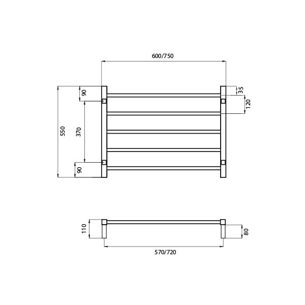 Radiant Square 5 bar Non-Heated Rail 600mmx550mm Technical Drawing - The Blue Space