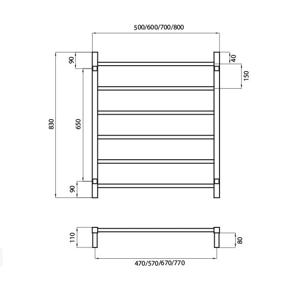 Radiant Square 6 bar Non-Heated Rail 700mmx830mm Polished Stainless Steel