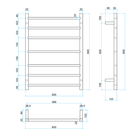 Thermogroup 12Volt Straight Round Ladder Heated Towel Rail Technical Drawing - The Blue Space