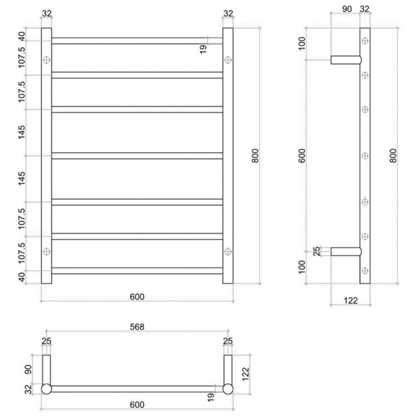 Thermogroup 7 Bar Thermorail White Satin Heated Towel Ladder Technical Drawing - The Blue Space