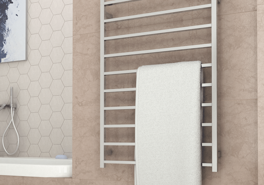 Thermogroup Thermorail Towel Rail in a Sandstone Coloured Bathroom. White Towel on heated towel rail