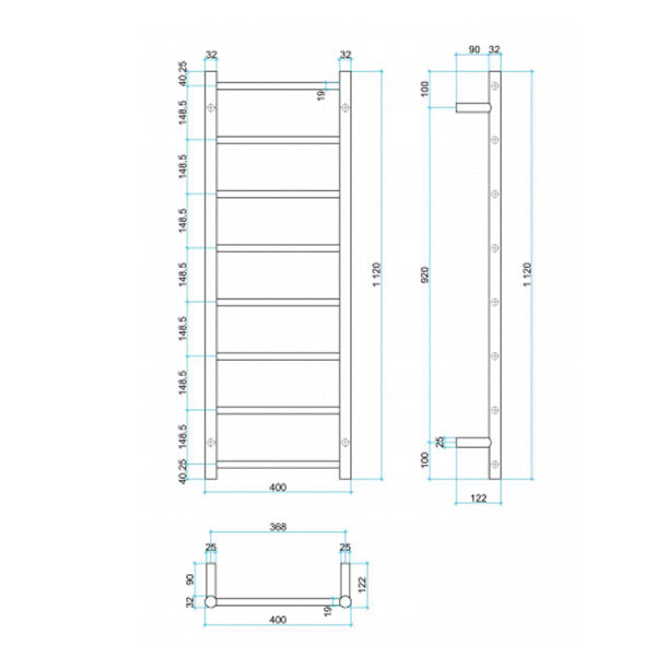 Thermogroup 8 Bar Thermorail Heated Towel Ladder 400mm Technical Drawing  - The Blue Space