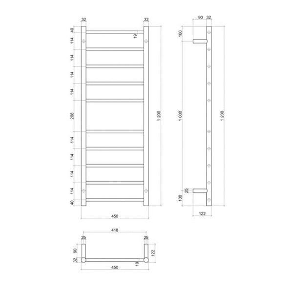 Thermogroup 10 Bar Thermorail Matte Black Straight Round Heated Towel Ladder Technical Drawing - The Blue Space