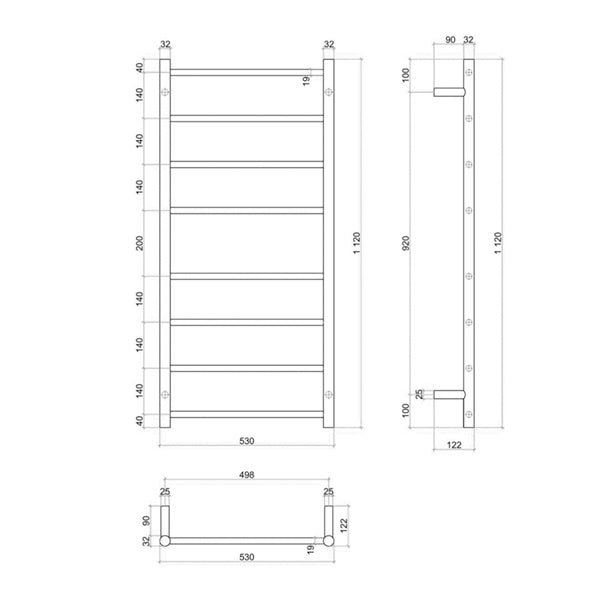 Thermogroup 8 Bar Thermorail Heated Towel Ladder 530 x 1120 x 122 Technical Drawing - The Blue Space